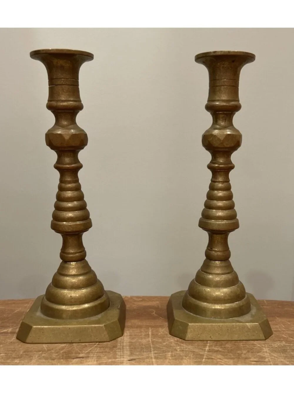 Pair of Solid Brass Beehive Candlesticks 8” H Vintage